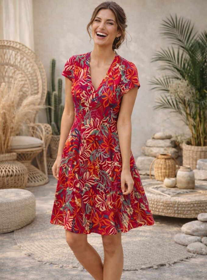 ALG10R - Robe Col V Manches Courtes